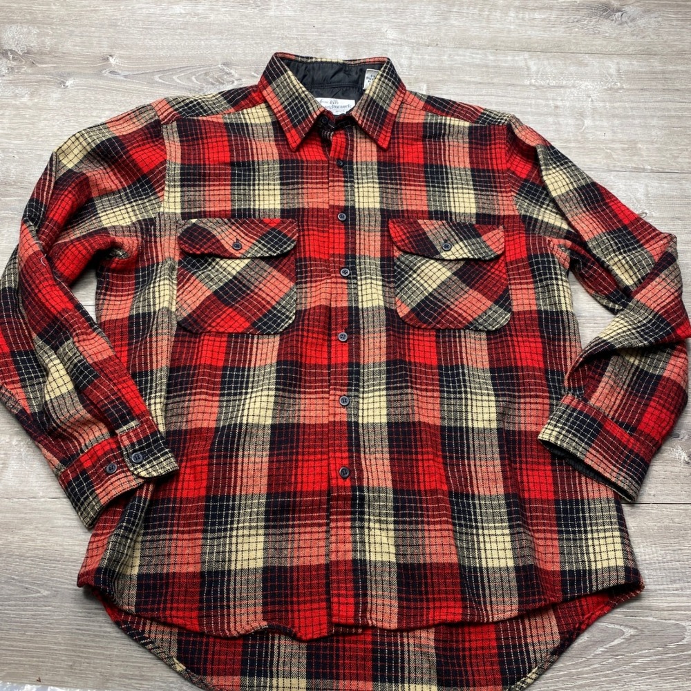 Sears Roebuck Flannel Shirt Mens L Red Plaid Wool Blend Vintage Workwear Buffalo